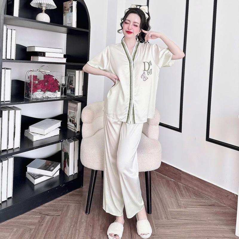 Bộ đồ ngủ nữ pyjama cổ y chất lụa latin cao cấp tay ngắn quần dài họa tiết mới 6