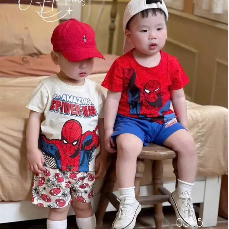 E về được ít set siêu nhân nhện đỉnh chóp   Chất : cotton 4c mác    Hình in ép bền đẹp không bong tróc.  Siêu nhân nhện đảm bảo bé nào cũng mê 2 tone màu cực dễ mặc luôn ạ Sz 1/5