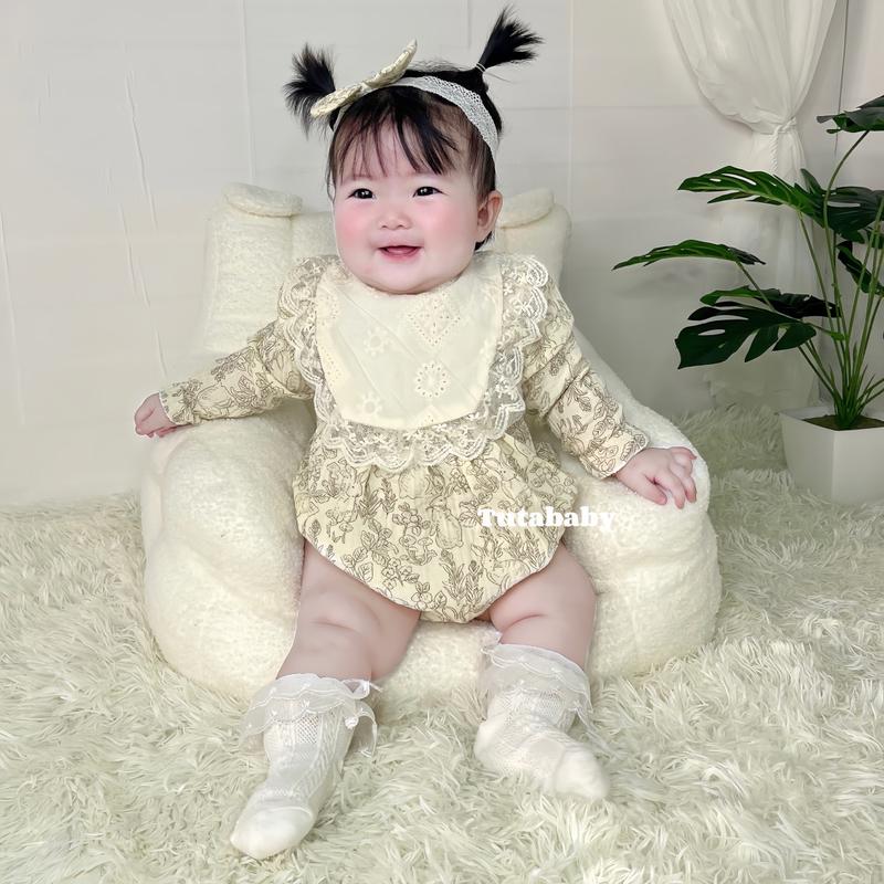 Bodysuit Cho Bé Set 3 Chi Tiết Body Chất Xô Muslin Thỏ Kèm Yếm Và Turban Nơ Ren Xinh Xắn Cho Bé Từ 3kg-10kg