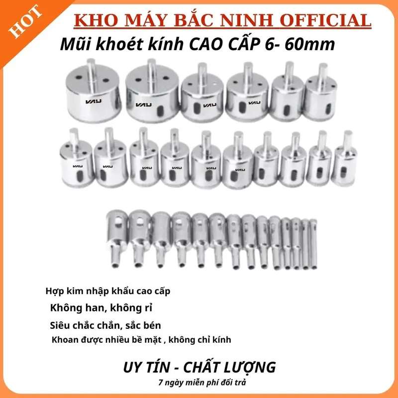 Mũi khoét kính Vau 8mm - 60mm, mũi khoan đá và gạch gốm sứ hợp kim cao cấp chính hãng. 0