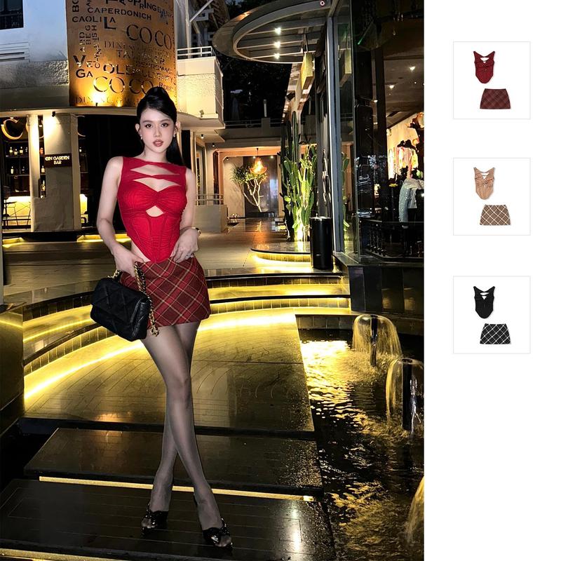  Set Nữ Stylish Sleeveless Top Checked Skirt Chất Vải  Áo Vải Thun Lưới Chân Váy Vải Bố Nỉ  WSB105,SOMEHOW Women Đỏ 