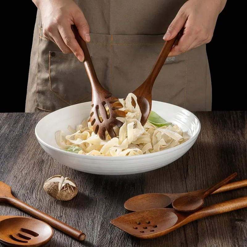 Wooden Cooking Utensils Set, 8 Counts/set Including Spatula & Spoon & Tongs & Salad Spoon, Kitchen Utensils Set for Cooking 2