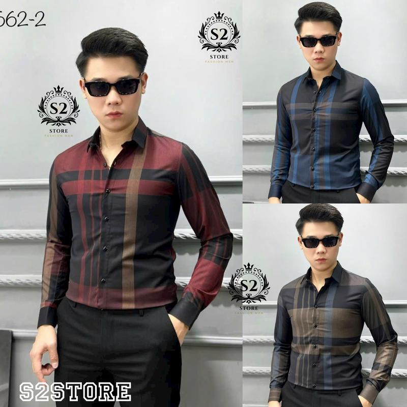  Áo Sơ Mi Sọc Caro Xanh Vàng Đỏ Vải Lụa Mềm Mịn Co Giãn Nam Menswear Shirt Cổ Tròn Kem Có Cổ Kate 