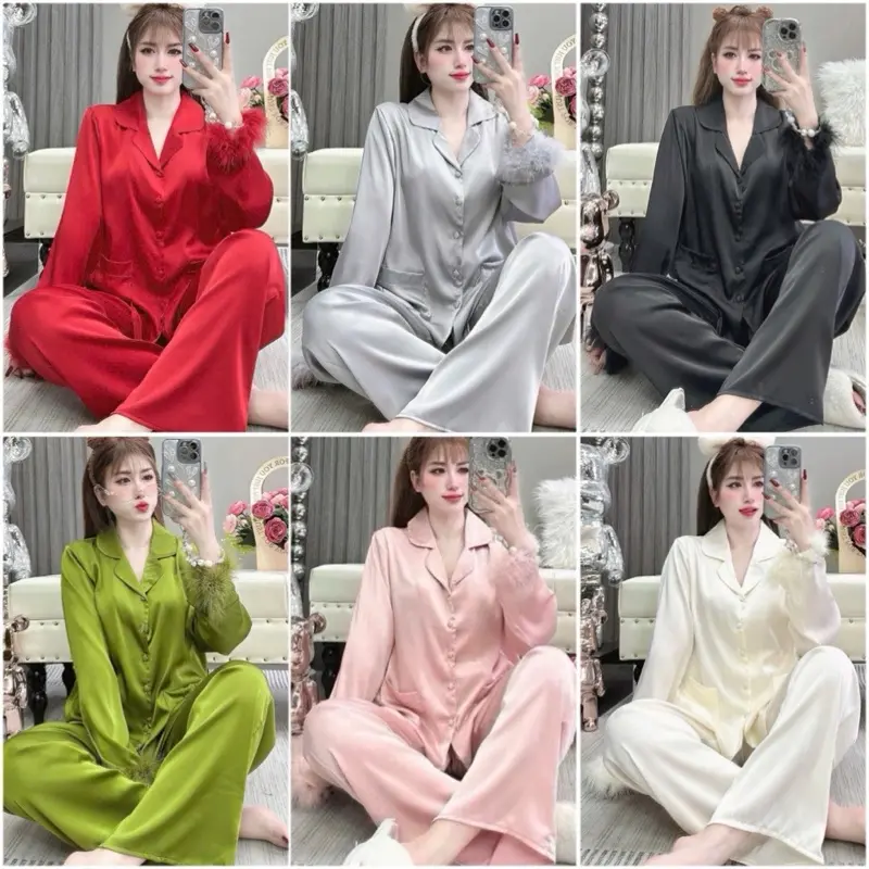 TAY LÔNG VŨ, (40-60Kg và 60-75Kg), Đồ Bộ Nữ, Tay Dài Quần Dài, In Họa Tiết Trơn Viền Tua Rua, Chấy Vải Lụa Mịn, Mềm, Mát 0
