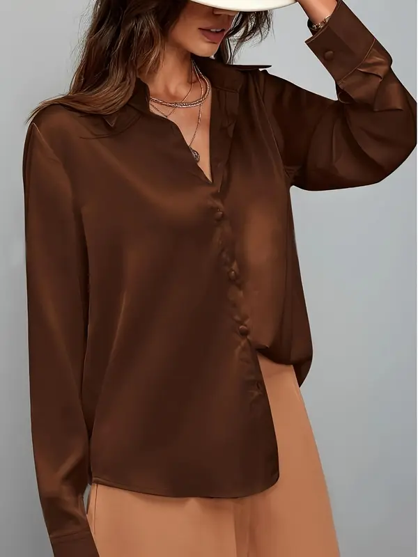 Women's Solid Color Shirt, Elegant Long Sleeve Collared Top for Work Office Business, Ladies Clothes for All Seasons, Womenswear 2