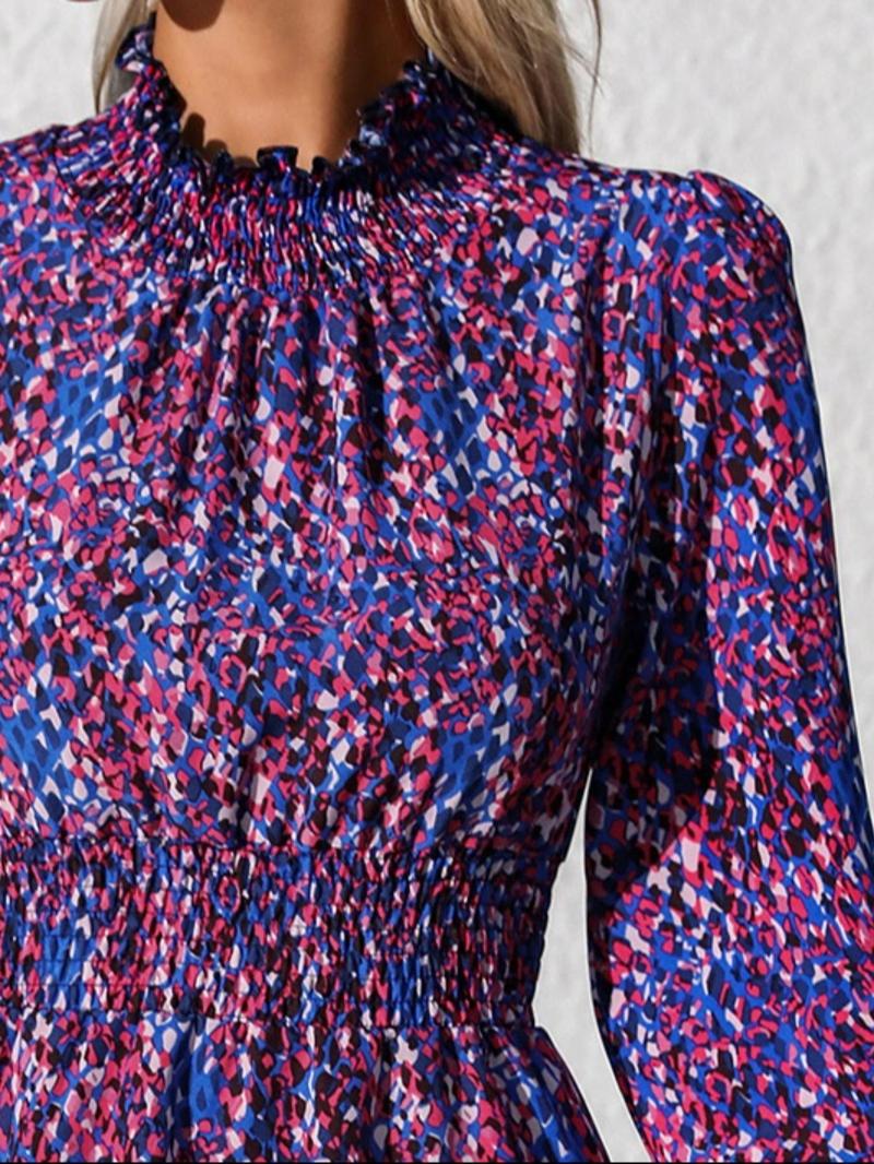 Product Introduction of Women's All Over Print Frill Trim Shirred Mock Neck A Line Dress, Elegant Bishop Sleeve Short Dress for Spring & Fall, Women's Clothing for Daily Wear 7