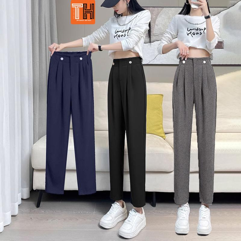 Quần tây baggy nữ lưng cao thun sau thiết kế liền thân phối 2 cúc sắt độc đáo - 237