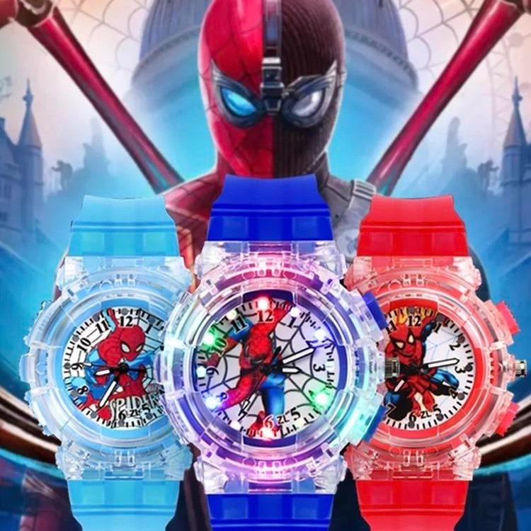 (Chuyên Sỉ) Đồng Hồ Kim Trẻ Em DH37 Hình Siêu Nhân Nhện Kitty Elsa Ultraman Công Chúa Đèn Led 7 Màu Cho Bé Trai Bé Gái