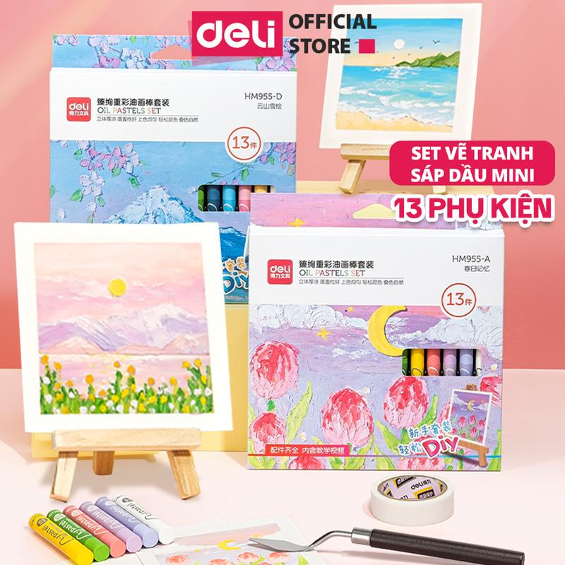 Bộ Set vẽ tranh sáp dầu mini 13 phụ kiện Deli - Set gồm: màu sáp dầu mềm khung tranh có hình giá gỗ mini phay màu băng dính - Có clip hướng dẫn chi tiết