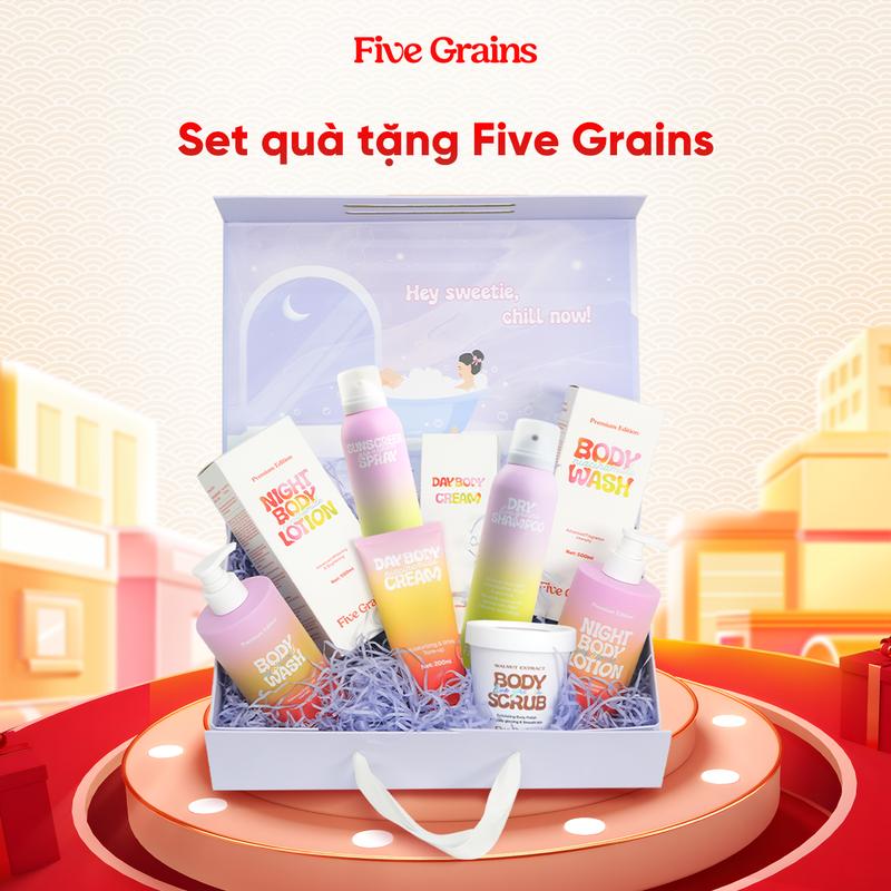 Set quà yêu thương Five Grains (sữa tắm/kem dưỡng/xịt chống nắng/dầu gội khô/tẩy tế bào chết)