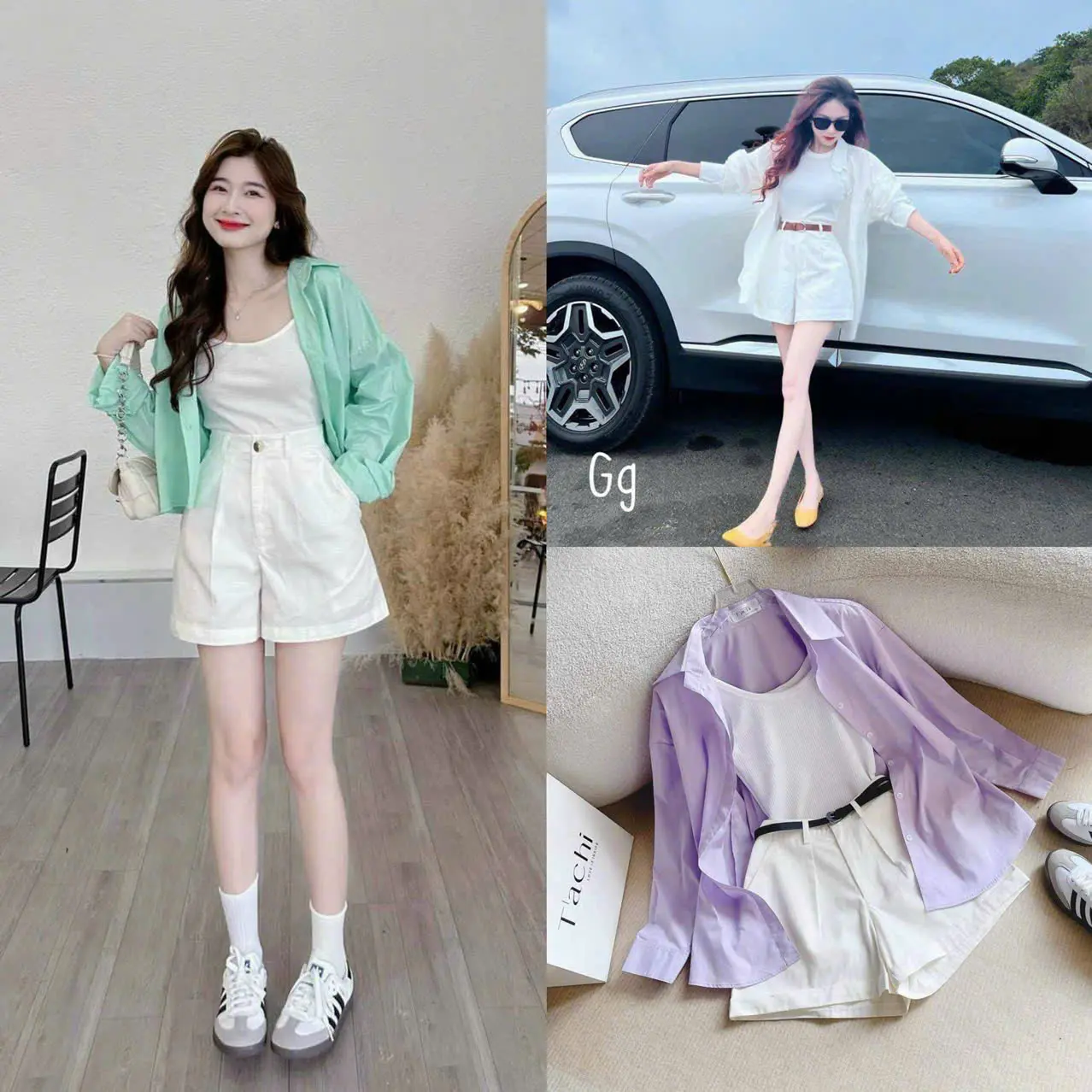 Sét 3 món đi biển, du lịch cực xinh cho nàng tiểu thư cá tính sét áo ba lỗ phối khoác sơ mi from rộng mix quần đùi lưng cao kèm nịt