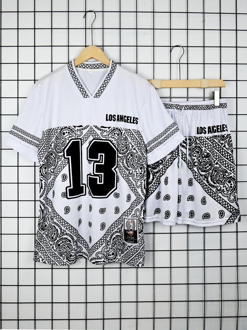 Product Introduction of 2 Piece Set Men's Letter Print V Neck Tee & Pocket Drawstring Waist Shorts Set, Casual Loose Short Sleeve T-shirt & Shorts, Two-piece Outfits For Summer Outdoor Wear 16