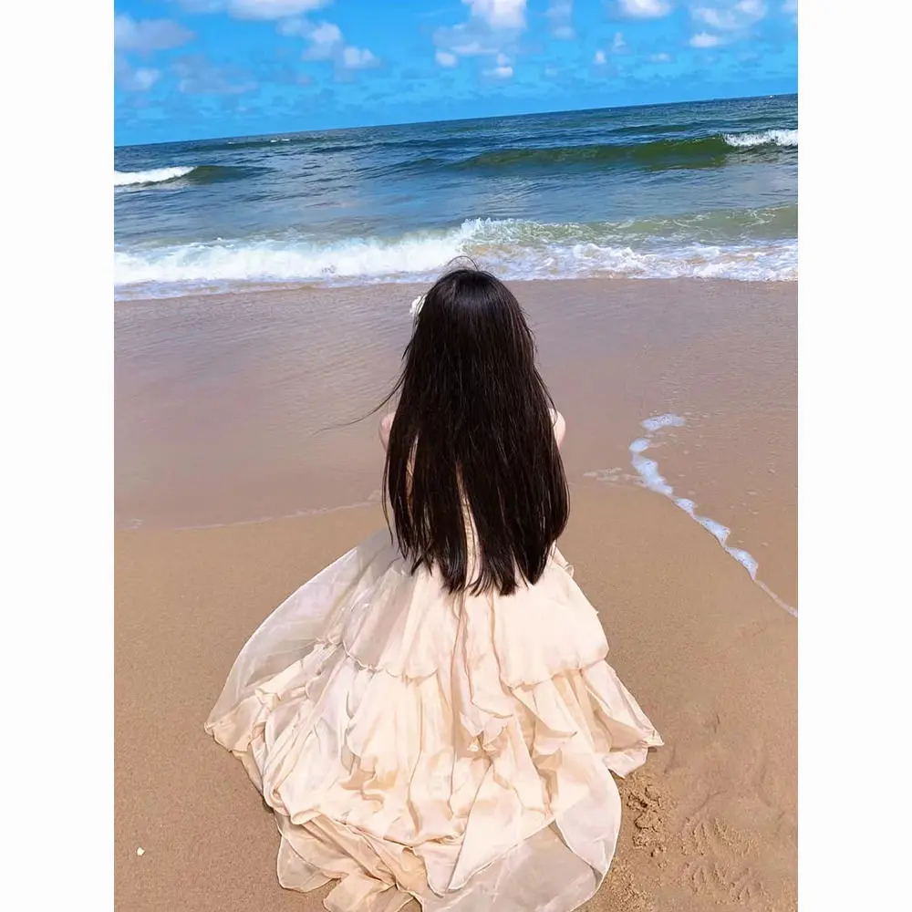2025 French Style Beach Vacation Dress High-end Sanya Travel Outfit Super Fairy Small Stature Photo Spaghetti Strap Dress