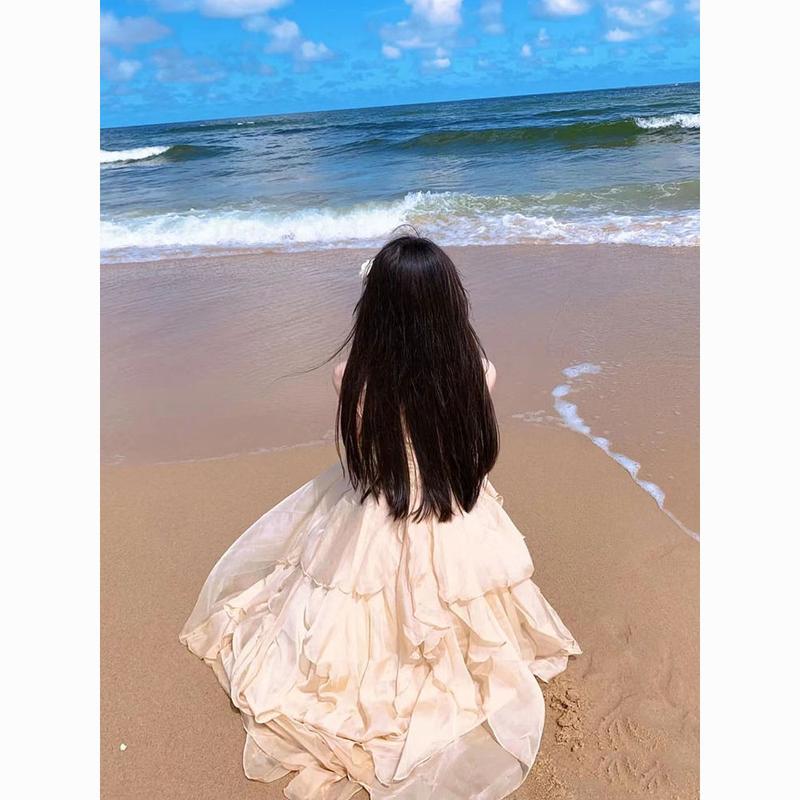 2025 French Style Beach Vacation Dress High-end Sanya Travel Outfit Super Fairy Small Stature Photo Spaghetti Strap Dress 0