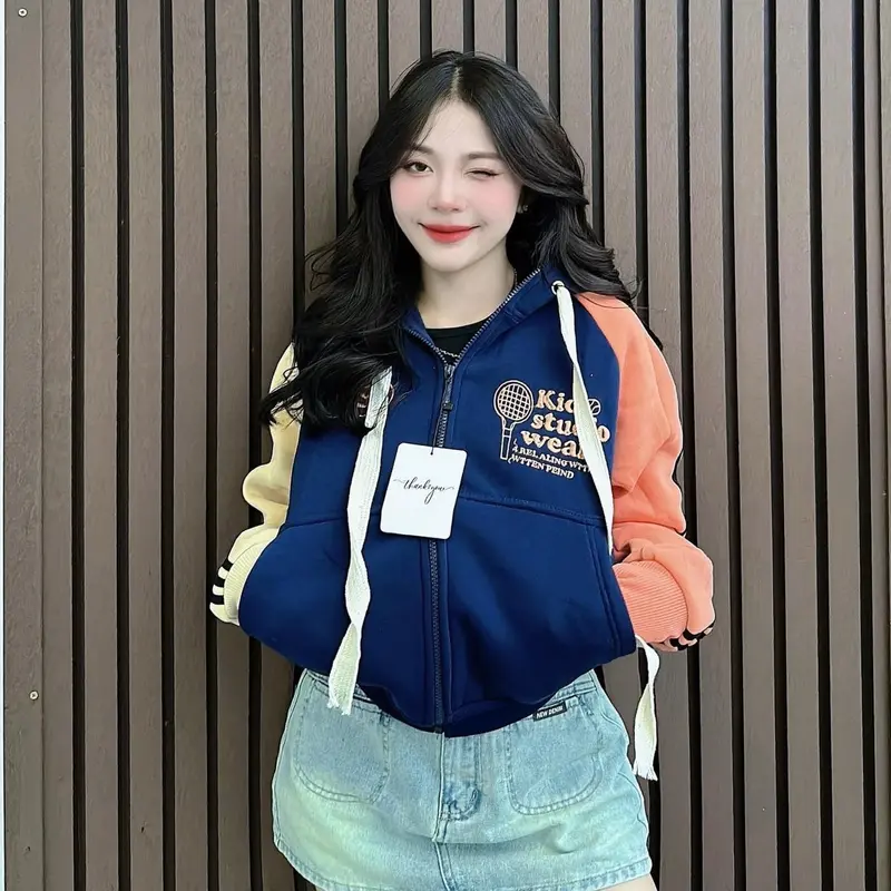 áo khoác nữ nỉ dày thêu chữ tay phối màu cam chạy sọc thời trang Women Hoodie Top   đen trơn thêu có thể giặt máy đậu màu xanh áo  hoodie 1
