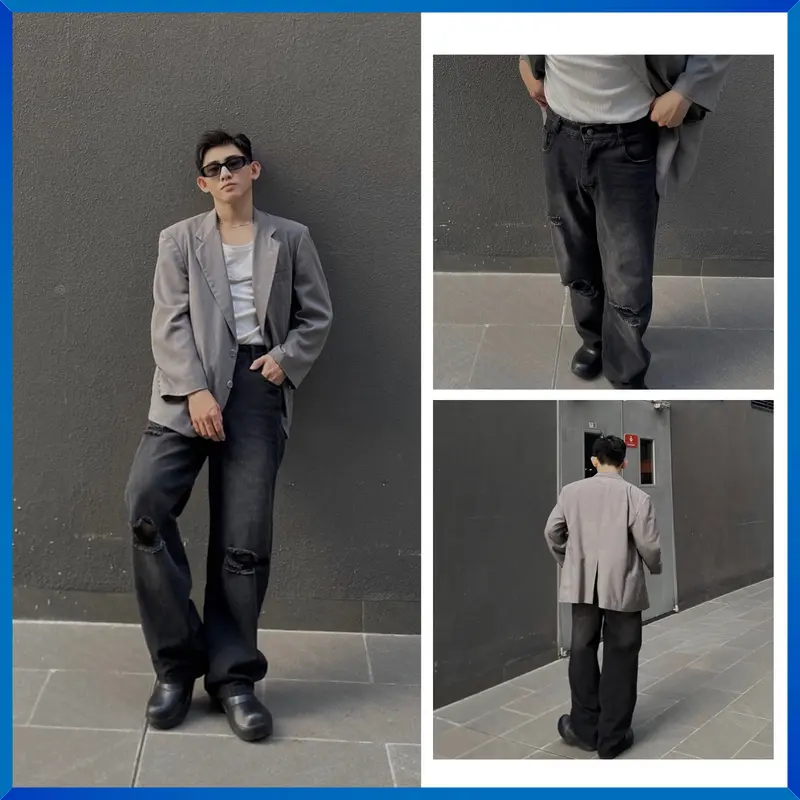 Quần Jean ống suông nam nữ JEAN BOX 95 cạp nửa chun mặc thoải mái Menswear Pants Có Túi 3