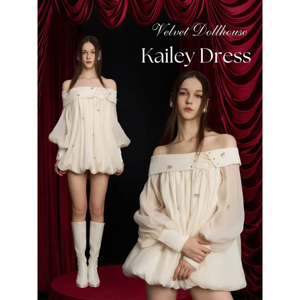 Đầm bí babydoll màu kem trễ vai tay dài, đính đá nơ chất tơ cao cấp - Kailey Dress AMELIE