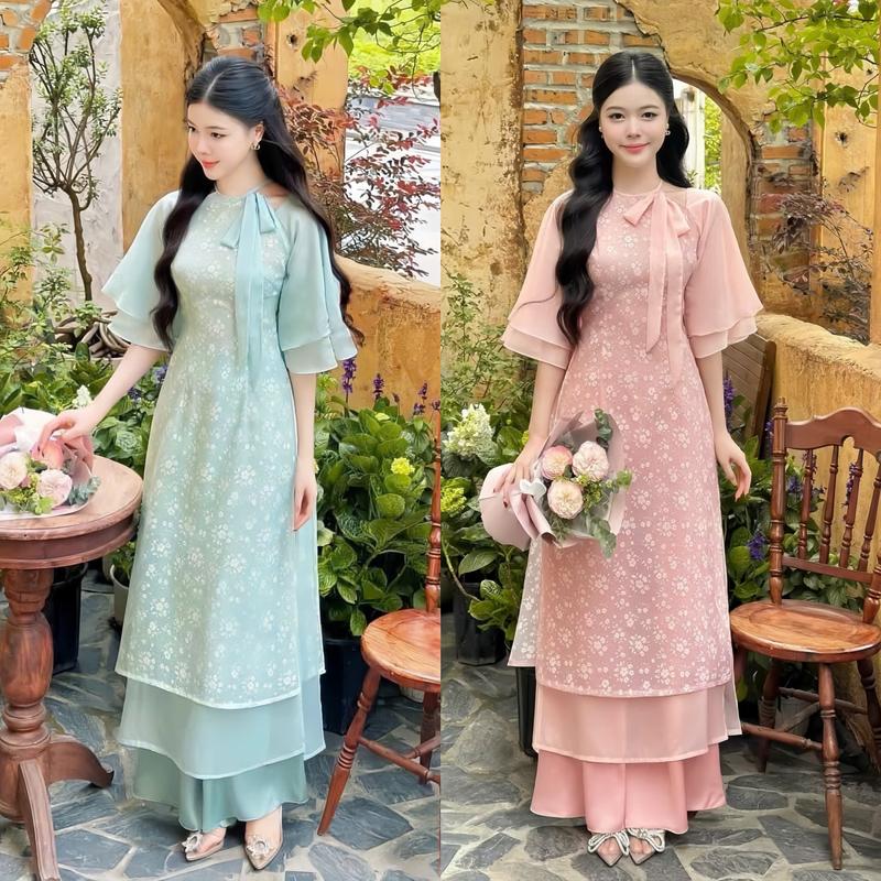  Set áo dài tơ hoa 2 lớp tay lửng phối dây thoắt nơ kèm quần dài ống rộng xinh xắn dành cho các nàng diện tết Nữ Women 