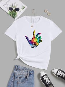 ImprinTee Women's Hand & Letter Print Round Neck Tee, Fashion Casual Short Sleeve T-Shirt for Daily Holiday Vacation Outdoor Wear, Ladies Summer Clothes