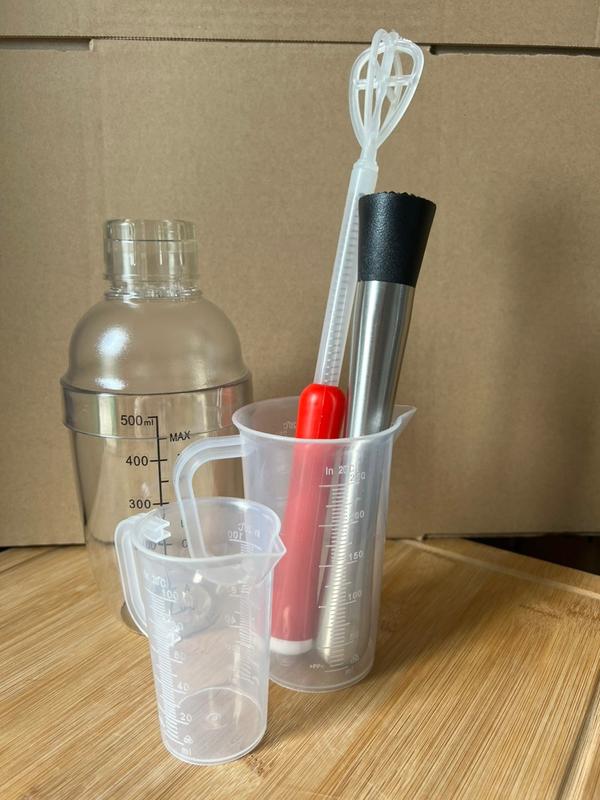 Combo 5 món dụng cụ pha chế dạo yêu thích[Bình lắc nhựa 500ml +  Chày dằm inox+ Cây đánh tay + Ca đong 100ml + Ca đong 250ml]                                                                   ]