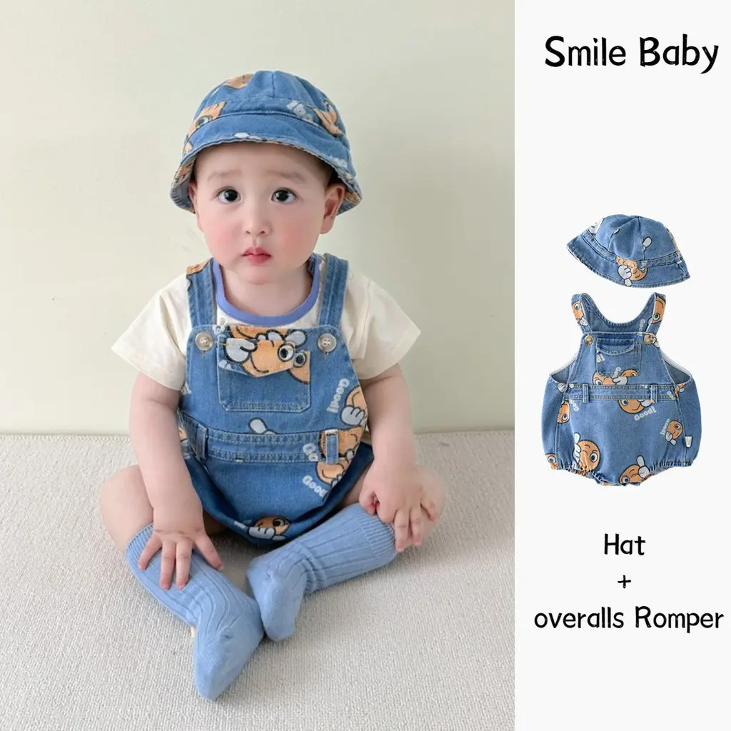 Summer New Baby Clothes Boys Girls Sleeveless Strap Bodysuit + Hat 0-24 Months Baby Cartoon Bear Denim Romper Including Hat