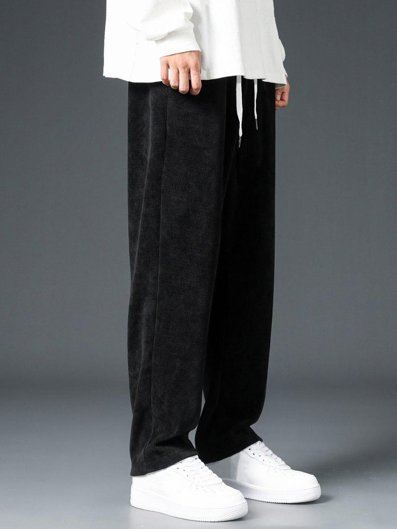Product Introduction of Men's Solid Drawstring Waist Corduroy Pants, Casual Comfy Straight Leg Trousers for Fall & Winter, Men's Bottoms for Daily Wear 14