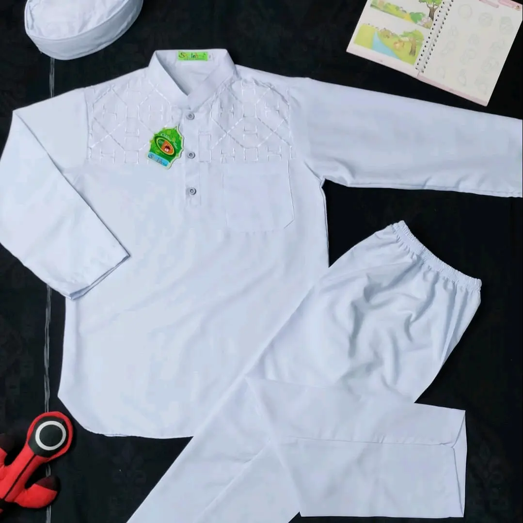Sholeh_kids-Koko Putih Anak Laki Lengan Panjang Baju Manasik Haji Anak 4-12 th ( FREE PECI ) Motip Kurta Bordir