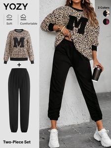YOZY Women's Leopard Letter Print Sweatshirt & Pants Two-piece Set, Casual Fashion Cozy Round Neck Long Sleeve Top & Trousers for Daily Outdoor Wear, Ladies Clothes for All Seasons