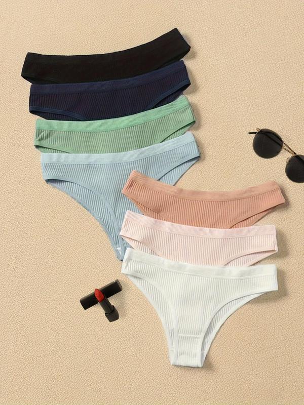 Women's 7pcs Solid Ribbed Drop Waist Knicker, Soft Casual Comfort Breathable Panties for Lady Daily Wear, Basic Minimalist Womenswear Underwear for All Seasons 0
