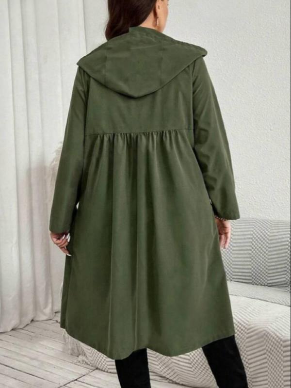 【Plus Size】 Solid Drawstring Hooded Jacket, Casual Long Sleeve Zip Up Outerwear for Fall & Winter, Women's Clothes for Daily Wear 1