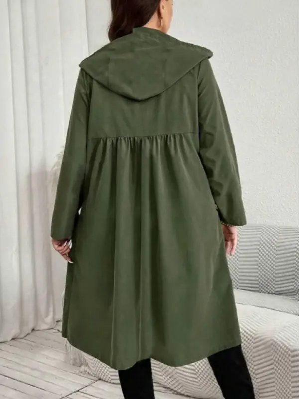 【Plus Size】 Solid Drawstring Hooded Jacket, Casual Long Sleeve Zip Up Outerwear for Fall & Winter, Women's Clothes for Daily Wear 1