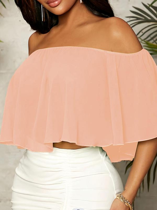 Women's Plain Off Shoulder Ruffle Trim Chiffon Crop Blouse, Elegant Butterfly Sleeve Top for Summer, Ladies Clothes for Daily Vacation Outdoor Wear 2