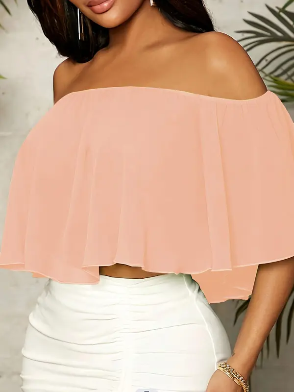 Women's Plain Off Shoulder Ruffle Trim Chiffon Crop Blouse, Elegant Butterfly Sleeve Top for Summer, Ladies Clothes for Daily Vacation Outdoor Wear 2