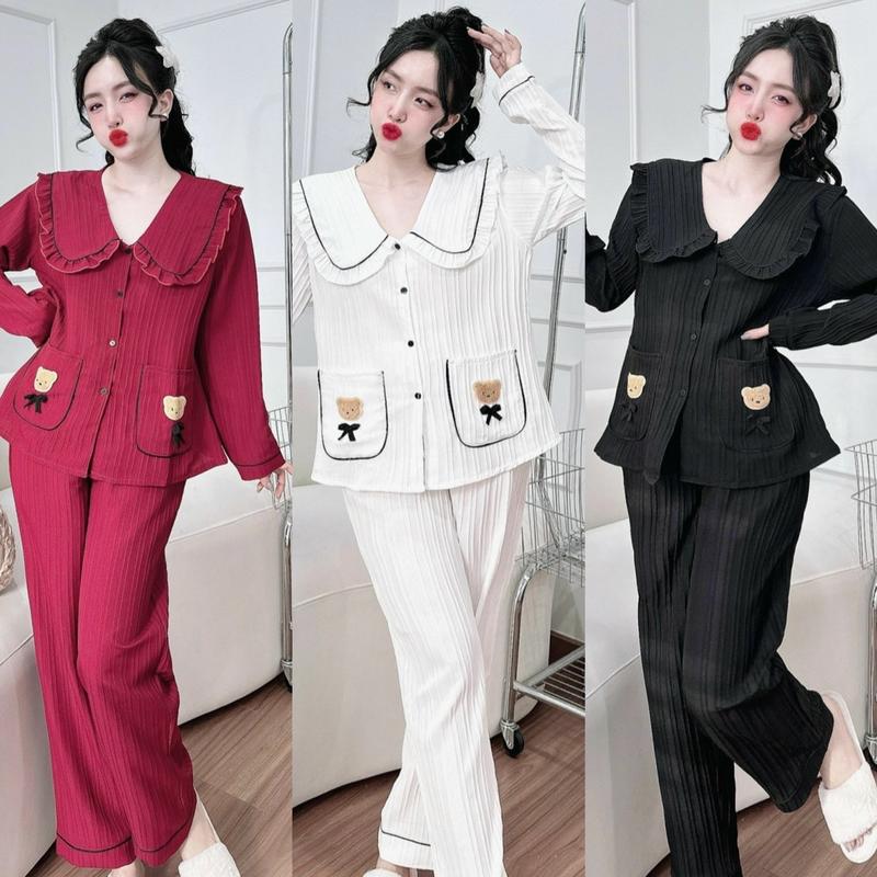 Đồ ngủ tay dài chất đũi xốp Bigsize 50-100kg Trơn hoạt tiết gấu trên túi Mùa đông Mùa đông Mùa đông Mùa đông Nữ Áo pijama  lụa mango cổ sen