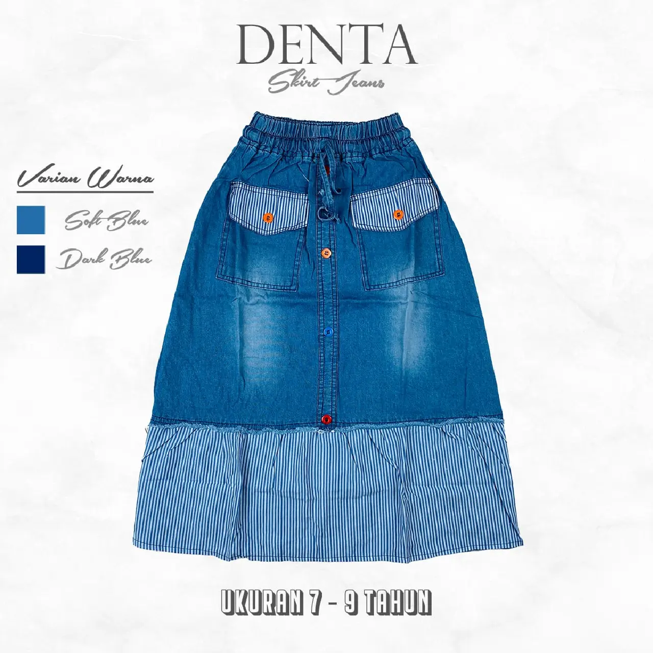 Denta Skirt | Rok Anak Perempuan Bahan Jeans Motif Salur Full Karet Umur 7 - 12 Tahun