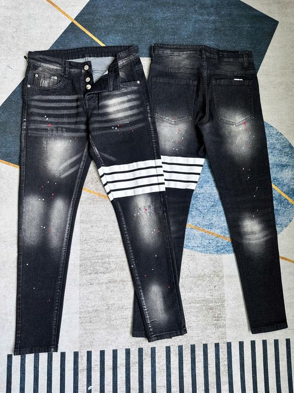QUẦN JEANS XÁM NAM DÀI 4 CÚC VẨY SƠN ĐI VIỀN TRẮNG SỌC NỔI 1 BÊN THỜI TRANG CÁ TÍNH Menswear Denim Pants Có Túi