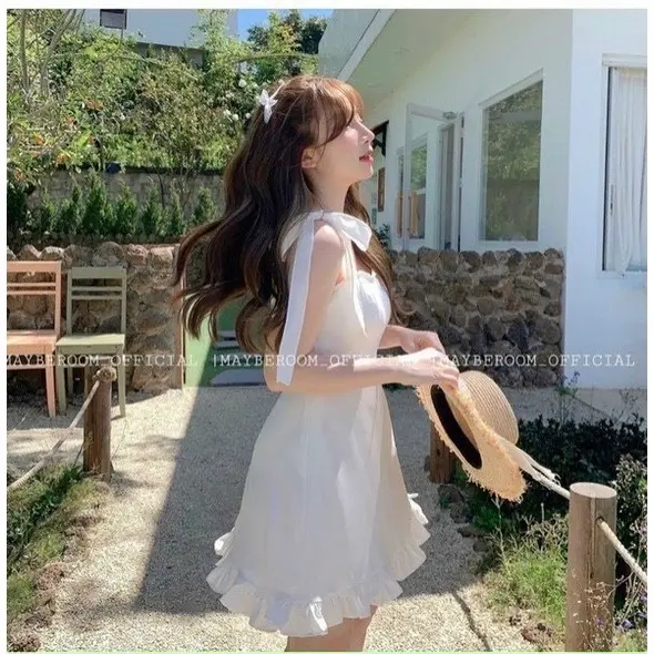 Váy/ Đầm Nữ 2 Dây Buộc Nơ Cúp Ngực Dáng Xoè Chữ A Tiểu Thư Sang Chảnh Đi Biển Hai Màu Trắng Đen Dress Women váy  trễ vai