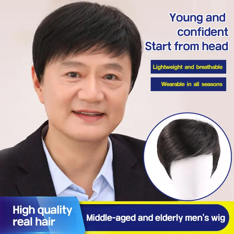Rambut Palsu, untuk Lelaki Pertengahan Umur dengan Rambut Pendek, Alamiah dan Realistik, Tudung Kepala Penuh, Rambut Palsu Rambut Manusia Simulasi