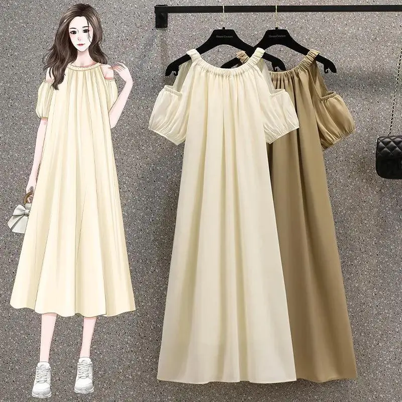 [2298 Positive Reviews] Korean Style Loose Off-Shoulder Elegant Dress Summer Plus Size Women's Clothing for Plus Size Women Tummy Covering French Sweet Mid-Length Dress