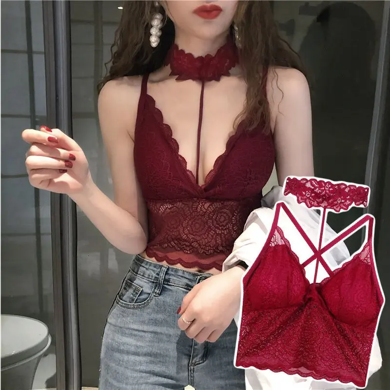 Hottie beautiful back, sexy and pure desire, deep V lace suspender halterneck vest, female inner tie, bra pad, bandeau bottom, beautiful back