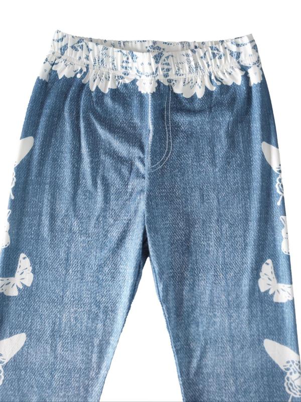 Women's Butterfly & Denim-Effect Print Elastic Waist Capri Leggings, Casual Comfy High Waist Skinny Pants for Daily Wear, Ladies Summer Bottoms 6