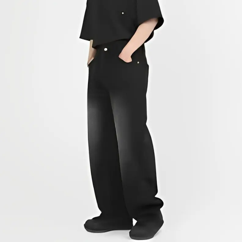 ORLESS - Celana Loose Jeans Black Wisker Style Loose-Fit Wide-Leg Straight-Leg High-Quality Denim Material 3