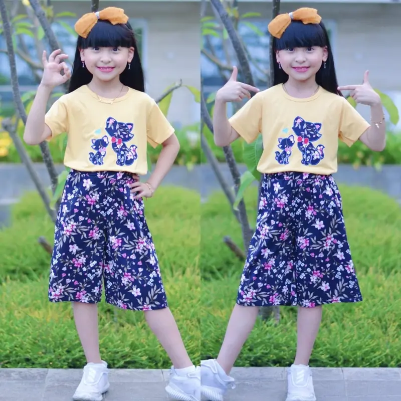 Setelan Baju Kitty dan Kulot Bunga-Bunga Anak Perempuan Umur 4-11 Tahun Bordir Celana 3