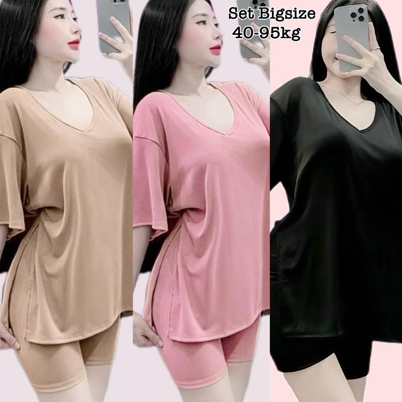 Set Ngố Cổ Tim Form Dáng Rộng - Set Bộ Đồ Bigsize Nữ Chất Thun Tăm Hot Hit Thiết Kế Nữ Cao Cấp Xinh Đẹp Sang Trọng Giá Rẻ 45-95kg Women Top Quần Áo