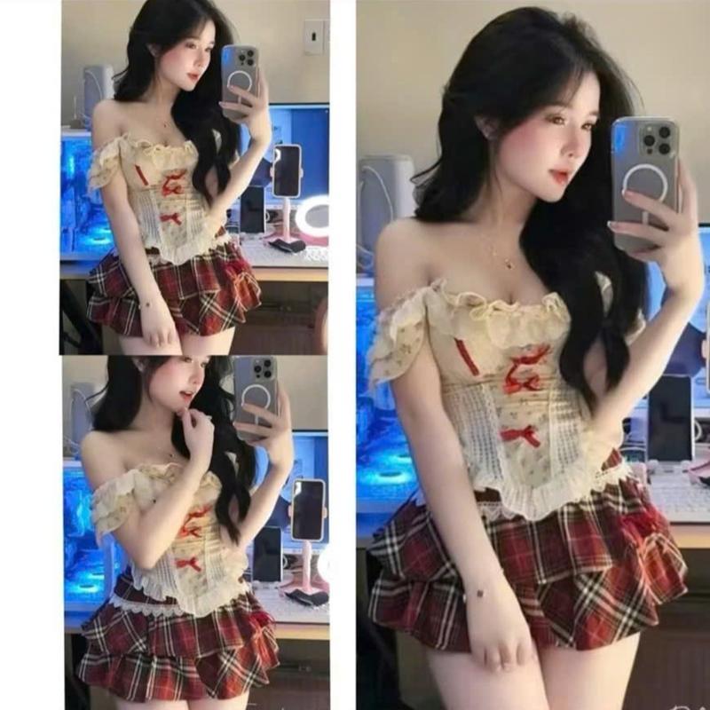 Set Áo Hoa Cánh Tiên Đính Nơ Mix Chân Váy Caro Noel