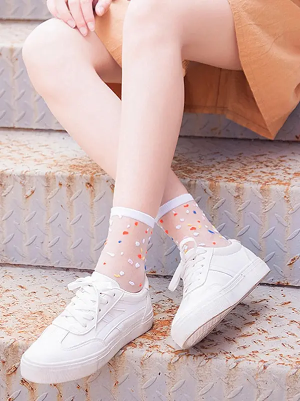 Women's 5 Pairs Contrast Mesh Sheer Crew Socks, Casual Fashionable All Over Print Socks for Daily Wear, Comfy Breathable Socks for Women 3