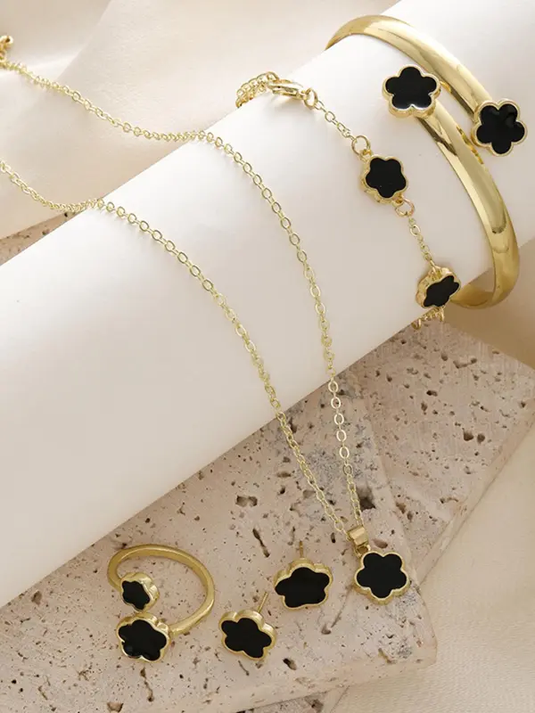 Lucky Flower Design Jewelry Set, Gifts for Her, Fashion Necklace & Ring & Bracelet & Earrings, Casual Elegant Jewelry Set for Women, Trendy All-match & Exquisite Jewelry Set for Gift, Christmas Gifts for Girlfriend, Maximalist Jewelry 2