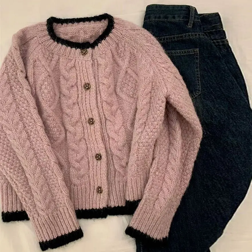 Áo Len Màu Hồng Dopamine Sang Trọng, Bộ Sưu Tập Thu Đông Nữ, Áo Khoác Cardigan Dệt Kim, Áo Độc Đáo Lười Biếng, Hàng Mới Về Năm 2024