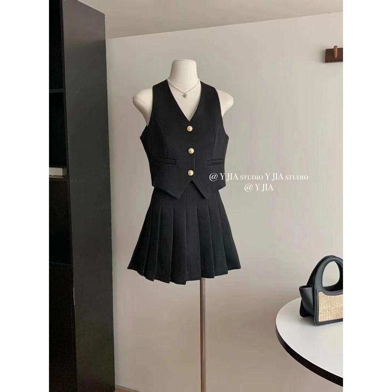 Áo Vest Phong Cách Pháp, Phong Cách Cổ Điển Thanh Lịch, Cạp Cao, Váy Xếp Ly Chữ A Ngắn, Bộ Hai Mảnh, Thời Trang Nữ Mùa Hè, Năm 2025 4
