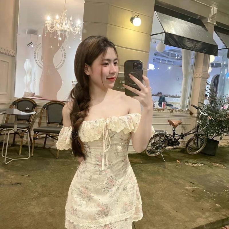  Đầm nữ woman thô ren hoa trễ vai bèo thắt nơ phong cách Vintage Lina Closet Dress Váy đínhnơ váy thường mặc 